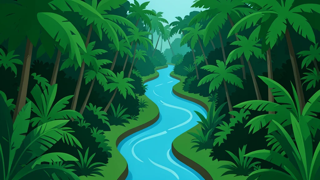A dense tropical rainforest landscape with a winding river cutting through the terrain
