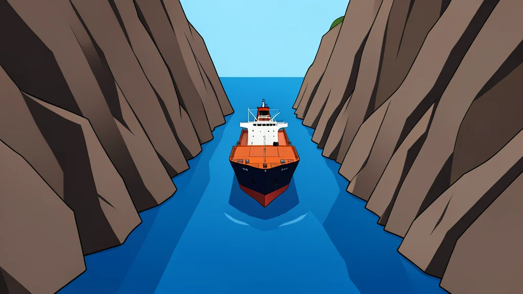 A narrow, deep water channel between rocky cliffs with a large oil tanker navigating through it
