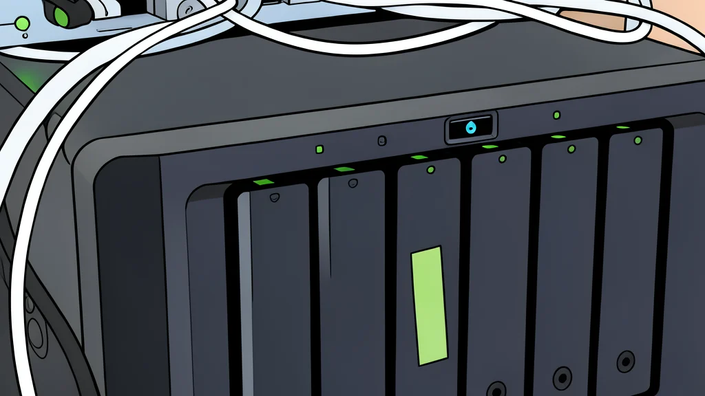 A black network-attached storage device with multiple drive bays and a USB port connected to a small external accelerator stick