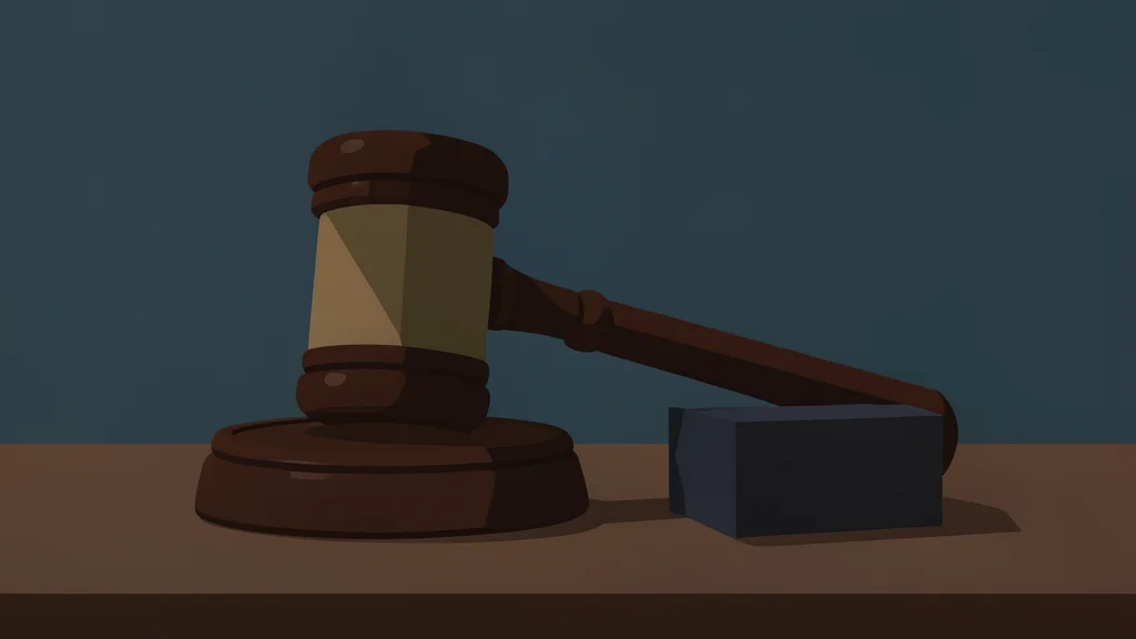 A wooden gavel resting on a sound block in a dimly lit courtroom