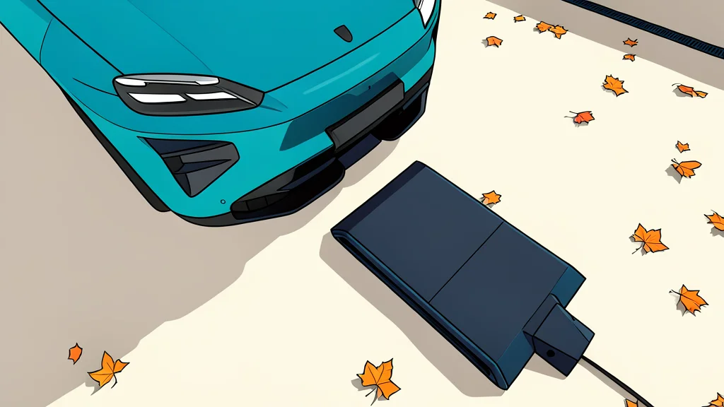 A flat vector illustration of a circular charging pad embedded in a driveway next to a parked electric vehicle.