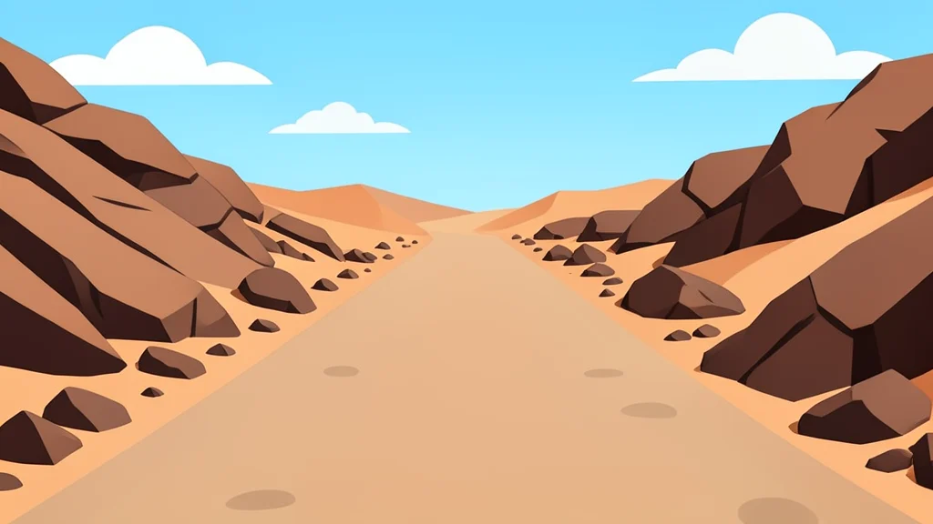 A dusty, unpaved road stretching through arid, rocky terrain under a bright sky