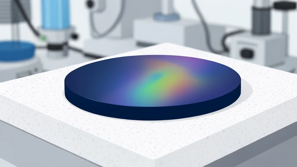 A close-up view of a rectangular silicon wafer with a grid of small, square integrated circuits etched into its surface, resting on a clean, white laboratory bench.