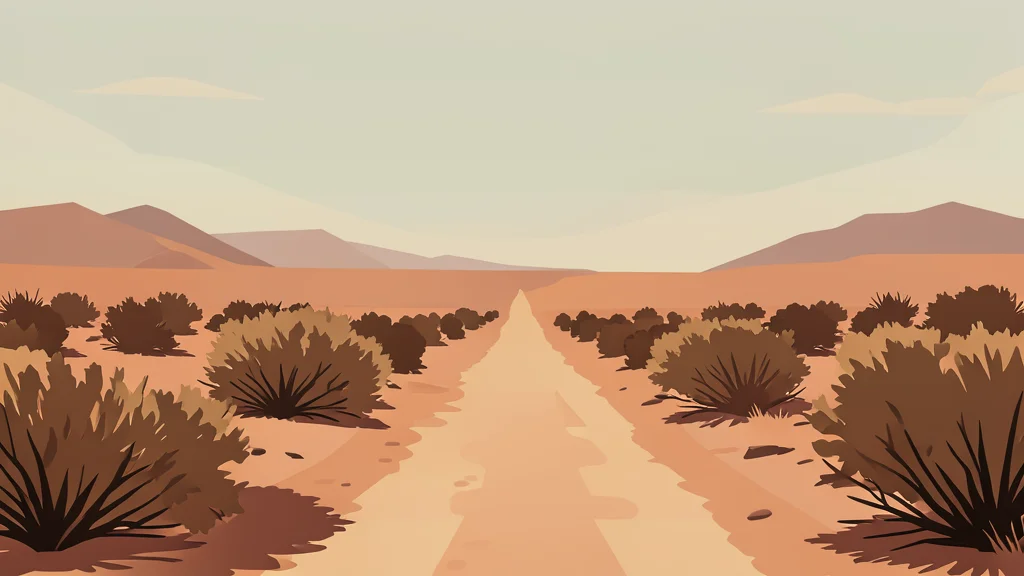 A dusty road stretches through an arid landscape with dry scrub brush under a hazy sky.