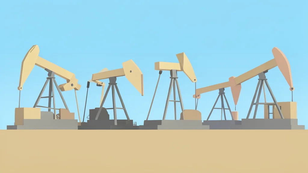 A cluster of industrial oil pumpjacks operating in a flat landscape under a clear sky
