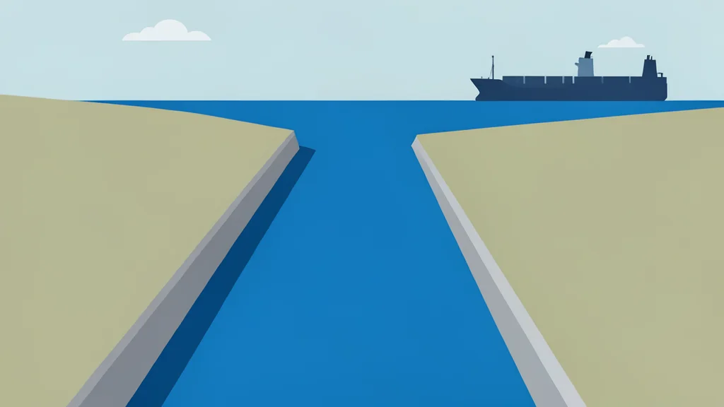 A narrow, deep blue waterway connecting two large landmasses, with the silhouette of a large cargo ship visible in the distance