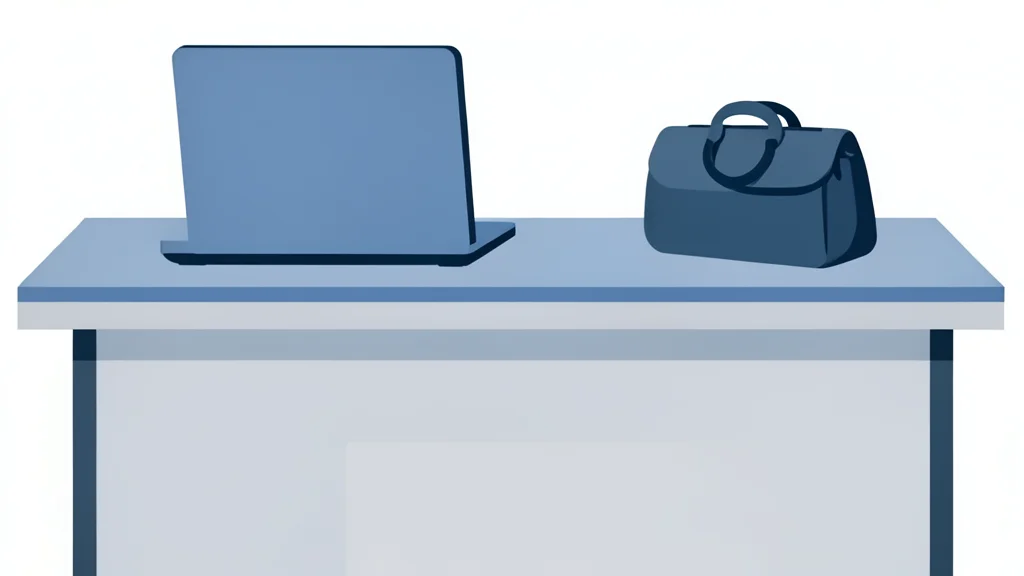A modern office desk featuring a laptop and a travel bag