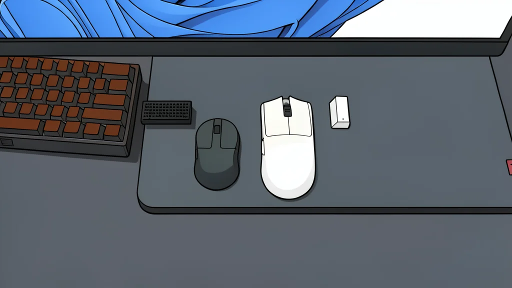 A high-end wireless gaming mouse resting on a textured desk mat next to a mechanical keyboard