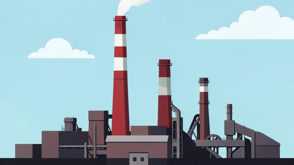 A flat vector illustration of a large industrial steel mill with tall smokestacks and heavy machinery structures.