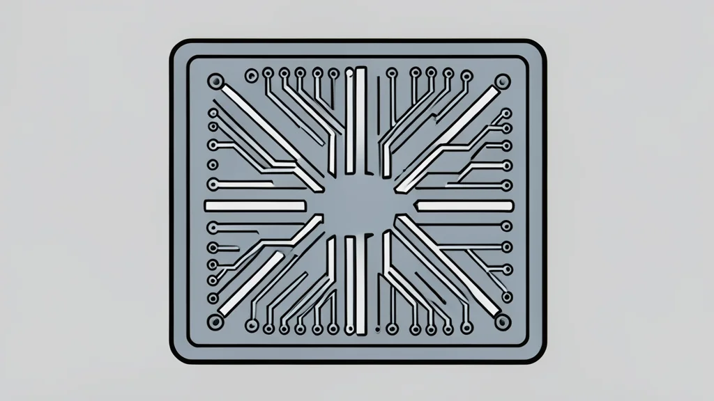 A close-up view of a small, square silicon wafer with a grid of intricate, microscopic circuit patterns etched into its surface.