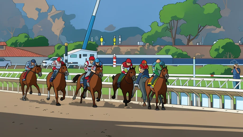 A lush green grass track curving around a dirt infield under a bright sky