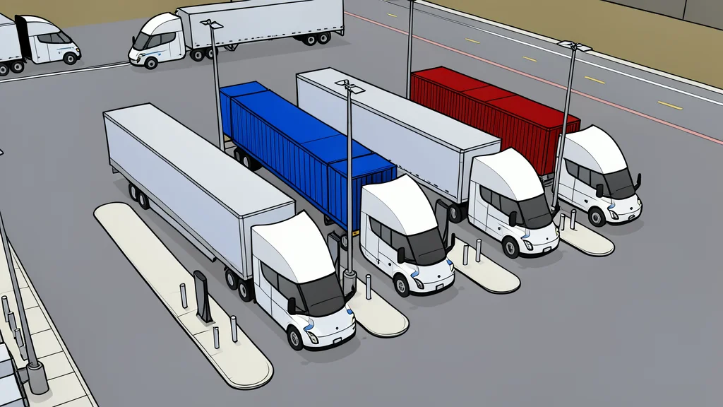 A large electric semi-truck plugged into a heavy-duty charging station in a parking lot