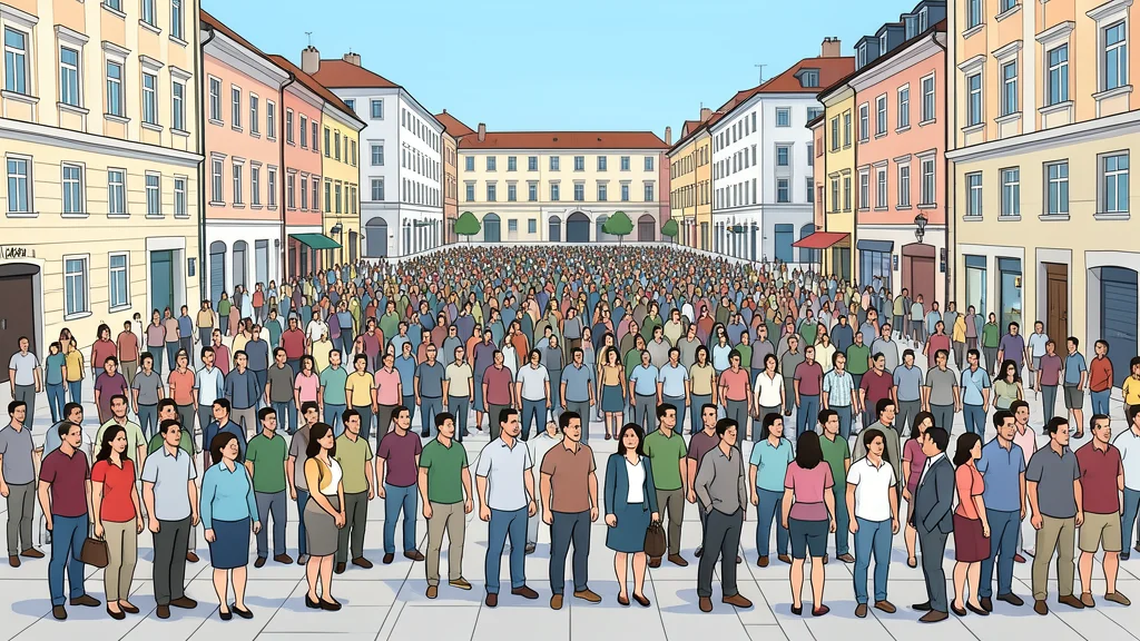A wide, paved public square in a city center with a large crowd of people standing together, viewed from a distance.