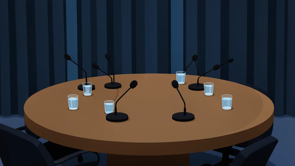 A large circular wooden table with microphones and water glasses in a dimly lit room with heavy curtains.