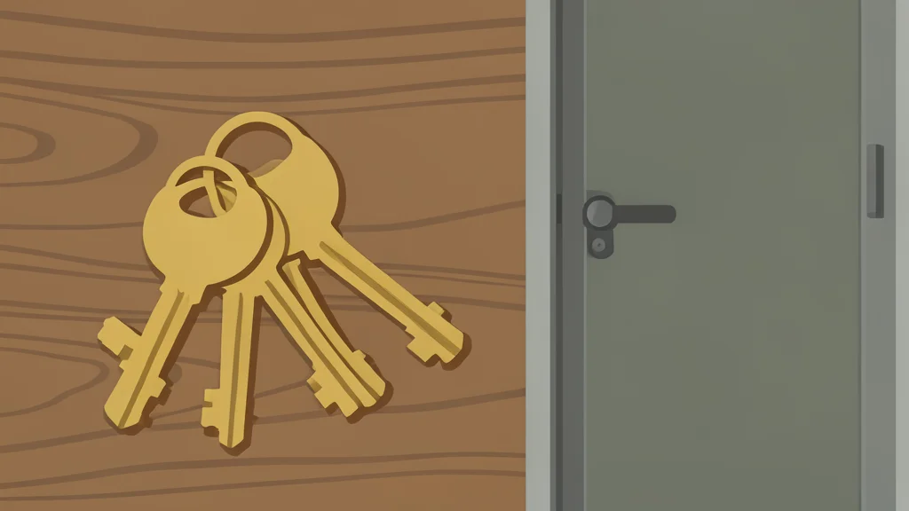 A set of brass house keys resting on a wooden table next to a closed door