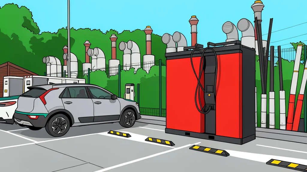 A large, rectangular industrial battery unit connected to a heavy-duty electric vehicle charging cable