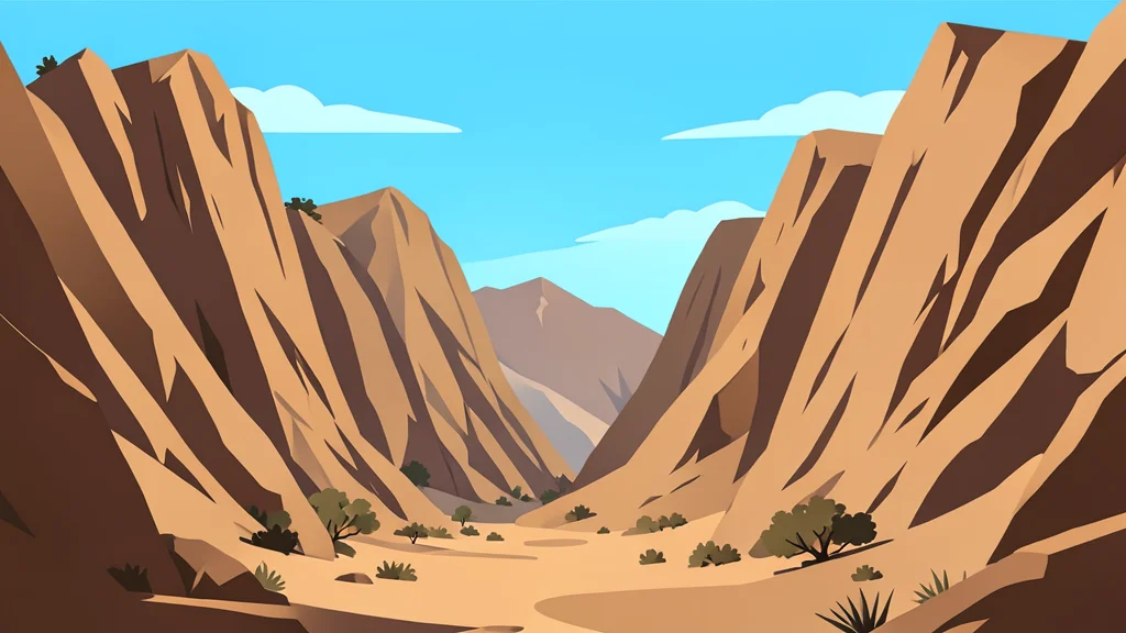 A rugged, arid mountain landscape with steep rocky cliffs and sparse vegetation under a bright sky