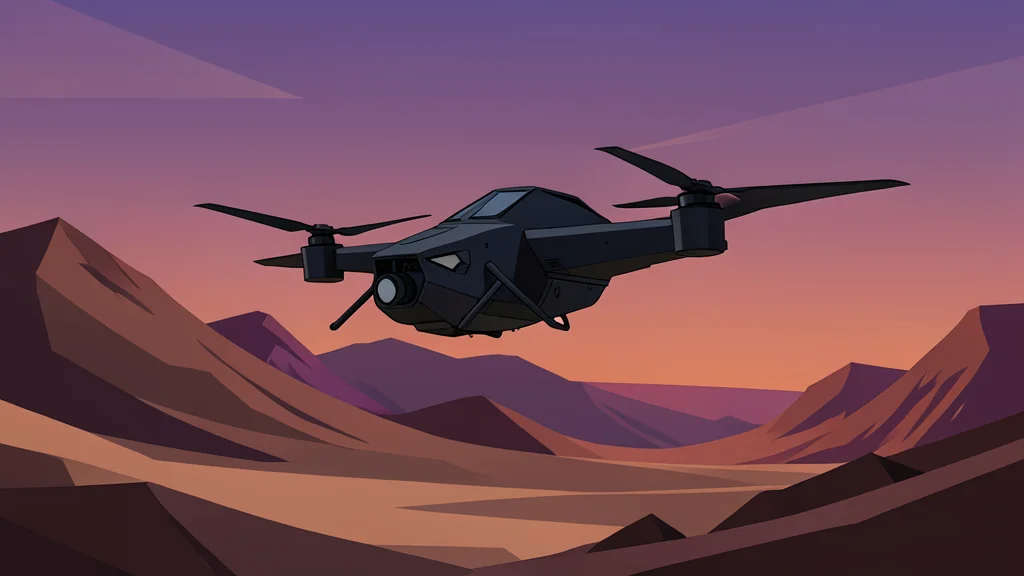 A sleek, dark military drone hovering low over a rugged desert landscape at dusk