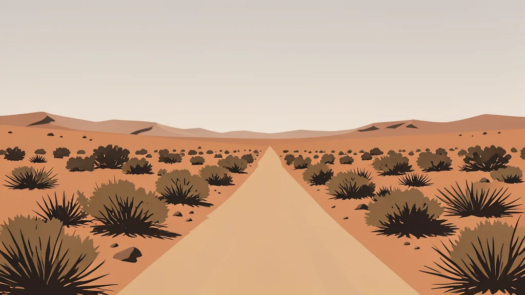 A rugged, arid landscape with dry scrub brush and a dusty road stretching into the distance under a hazy sky