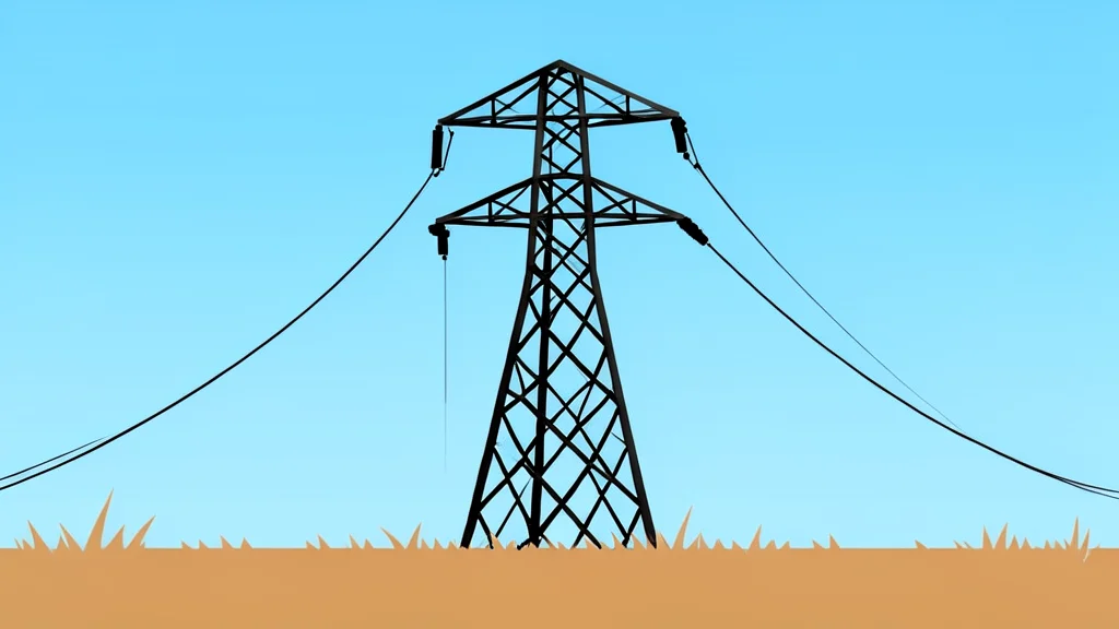 A high-voltage electrical transmission tower standing in a dry, grassy field under a clear sky