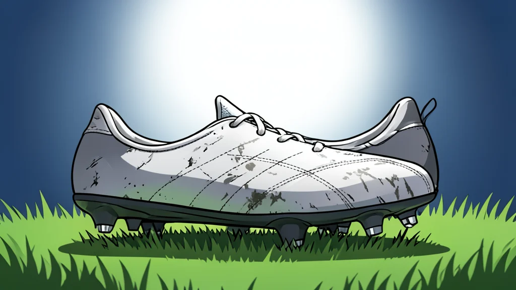 A green soccer pitch with white boundary lines under bright stadium lights, featuring a flat-vector illustration of a ball in mid-air.
