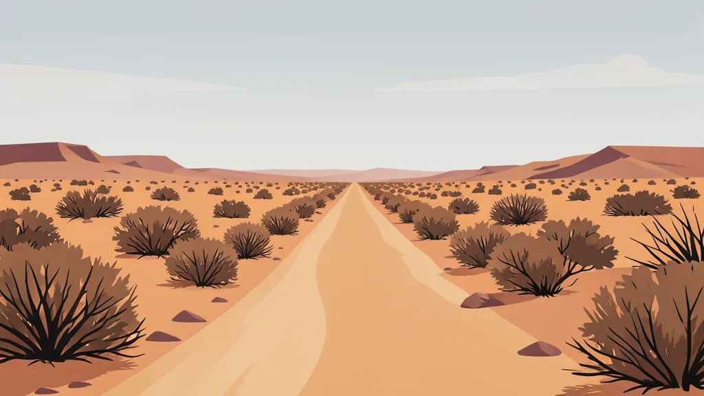 A dusty road stretching through an arid landscape with dry scrub brush under a hazy sky