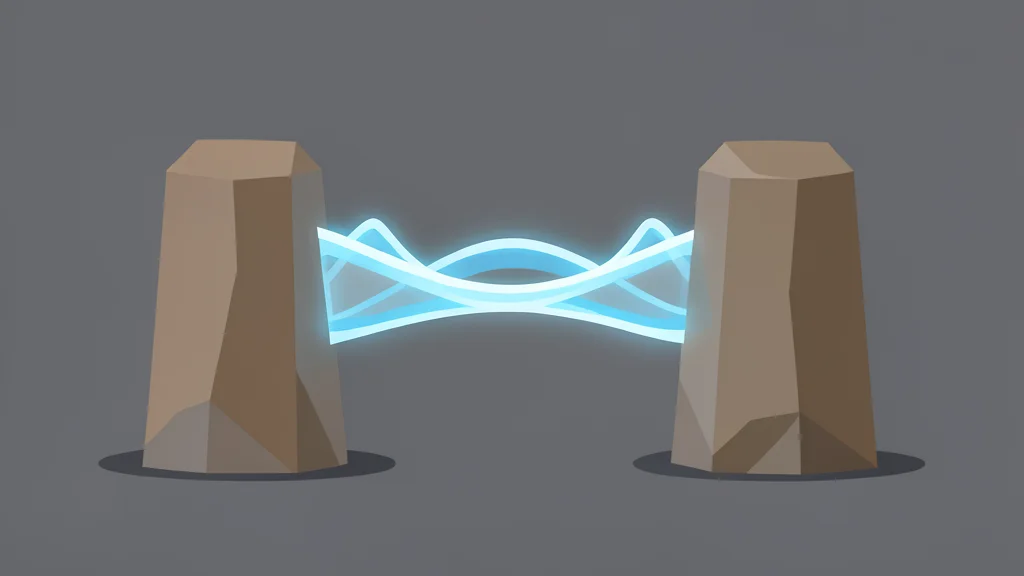 A glowing digital bridge spans a gap between two solid stone pillars.
