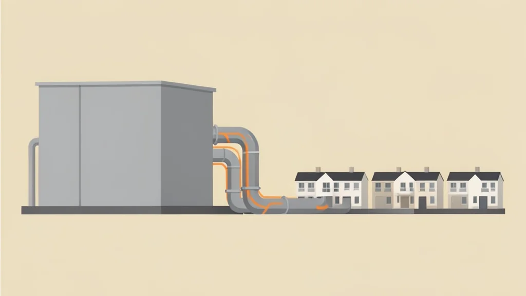 A network of insulated pipes connecting a large industrial building to a row of residential houses