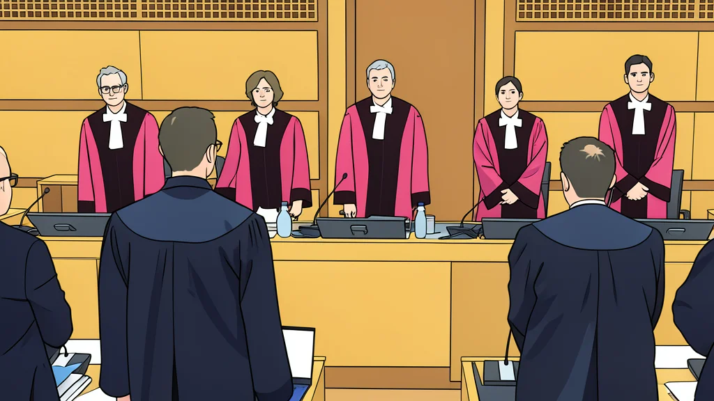 A wooden gavel resting on a sound block in a courtroom setting