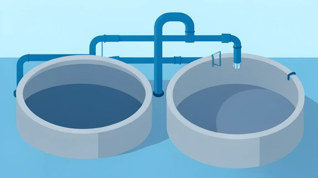 A water treatment facility with large circular concrete basins and industrial piping