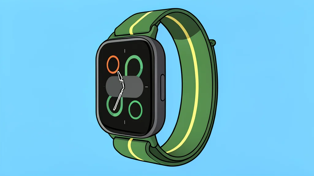 A digital wristwatch with a round face and a green strap resting on a wooden surface