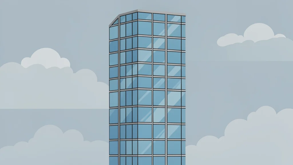 A modern glass skyscraper with a grid of windows reflecting a cloudy sky