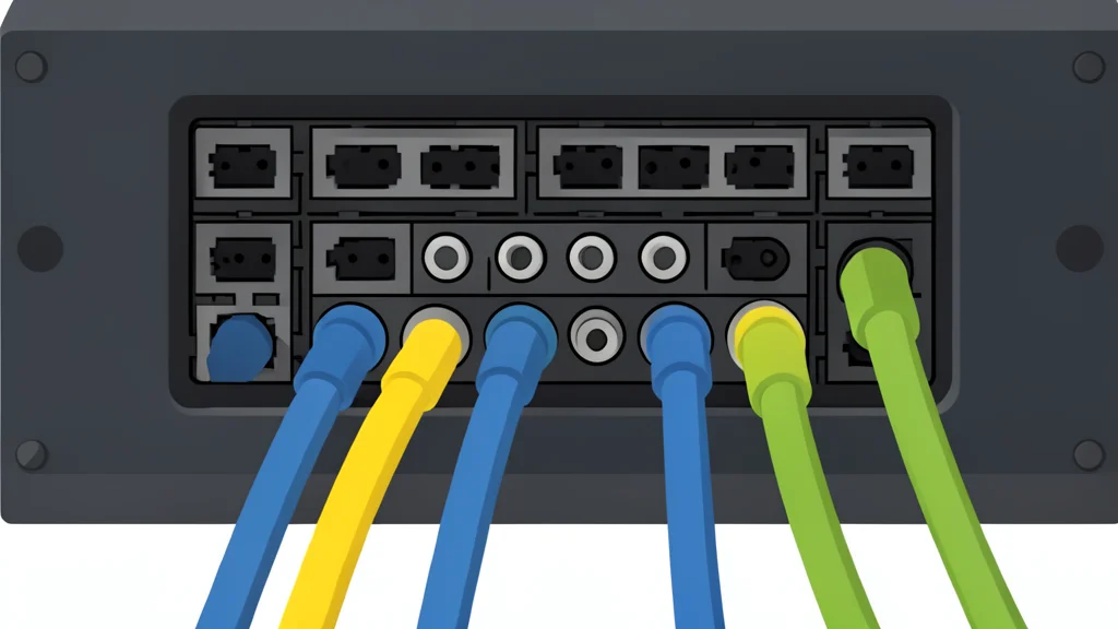 A vast, dimly lit server room with rows of tall, black rectangular cabinets featuring glowing blue status lights, connected by thick bundles of fiber optic cables running along the ceiling.