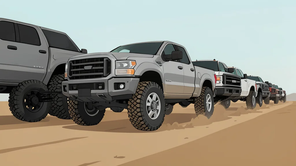 A row of heavy-duty pickup trucks parked on a dirt track