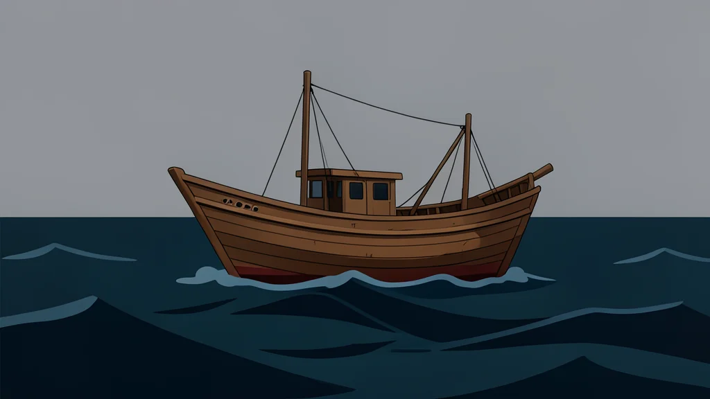 A rough wooden fishing boat floating on dark, choppy ocean waves under a grey sky