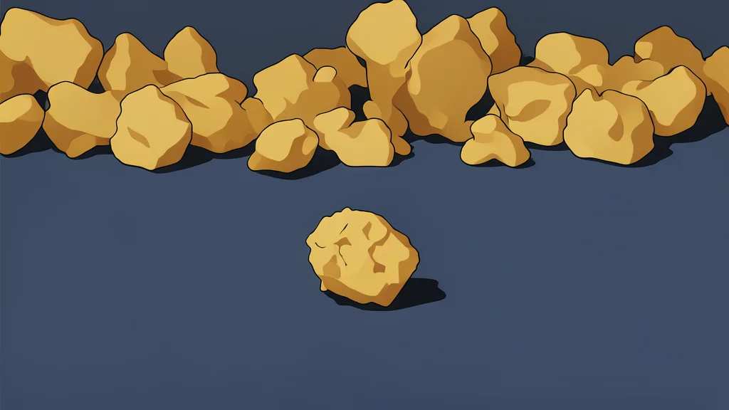 A rough, unrefined nugget of gold resting on a dark, textured surface