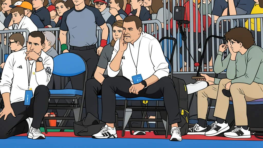 A pair of thick, braided leather wrestling shoes resting on a blue mat