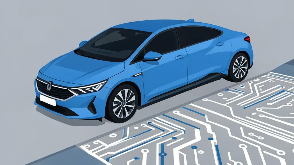 A sleek modern electric vehicle parked on concrete next to a large intricate circuit board pattern etched into the ground.