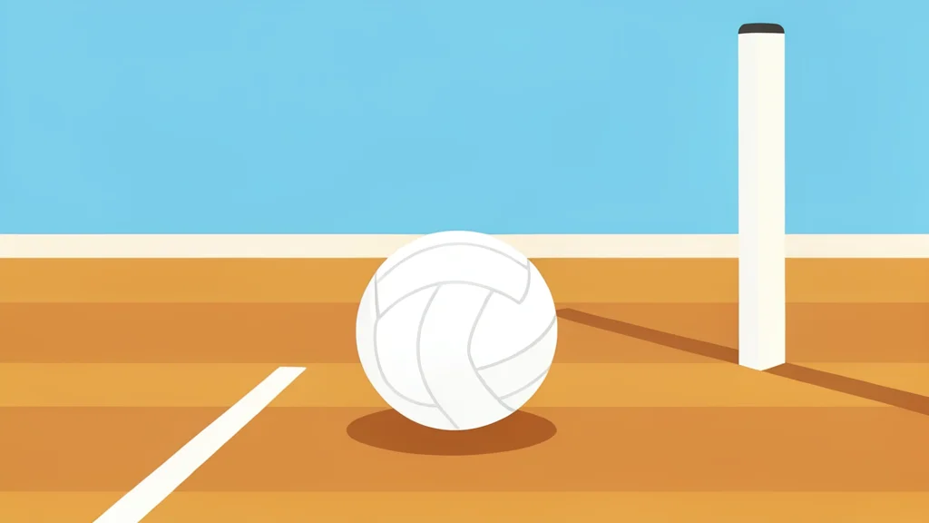 A white volleyball resting on a polished wooden gymnasium floor near a net post.
