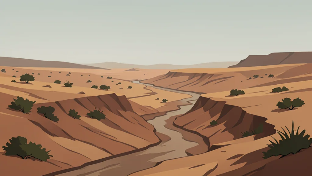 A rugged, arid border landscape with dry riverbeds and sparse vegetation under a hazy sky