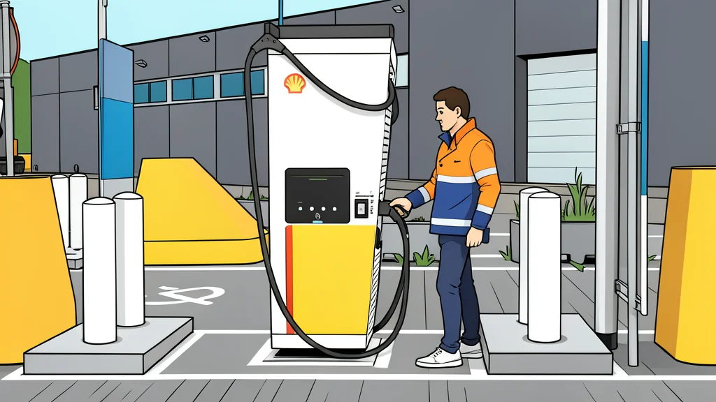 A large white electric truck connected to a tall charging station in an open parking area