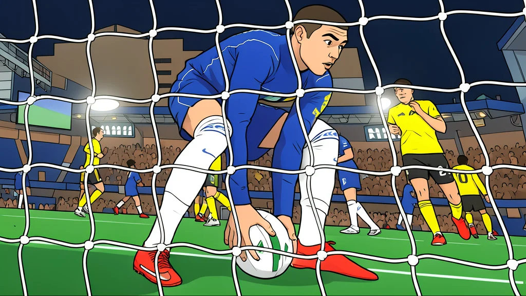 A flat-vector illustration of a grass football pitch with white boundary lines and a goal net in the background.