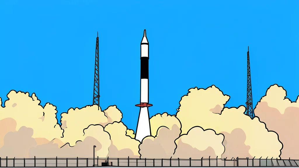 A white rocket standing vertically on a concrete launch pad in a desert landscape