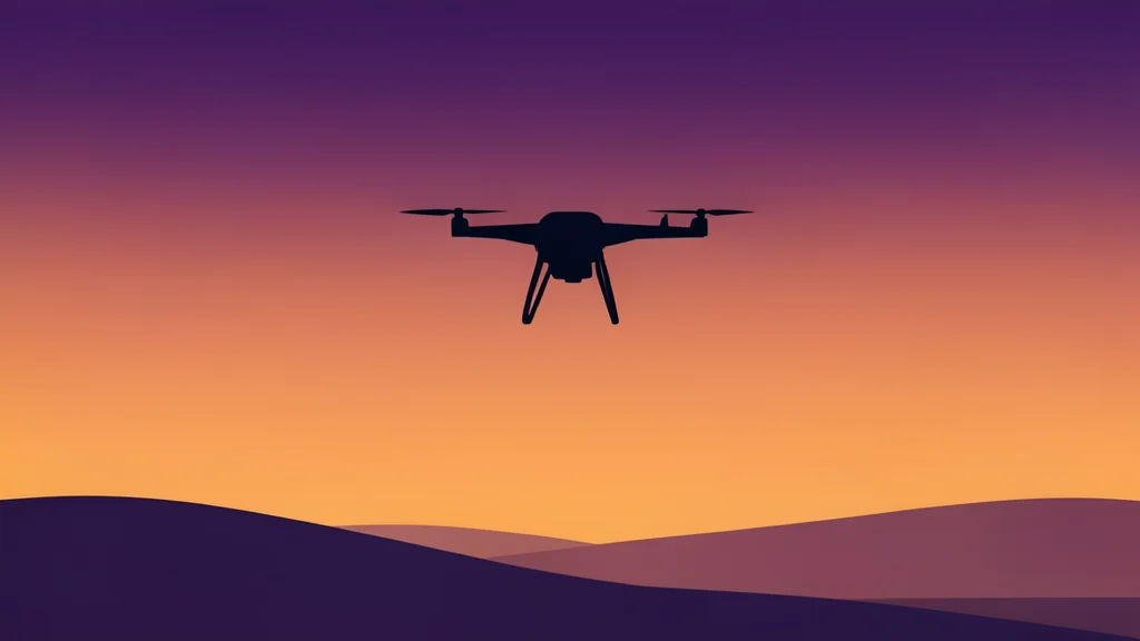 A sleek, unmanned aerial vehicle hovering silently above a vast, open landscape at dusk