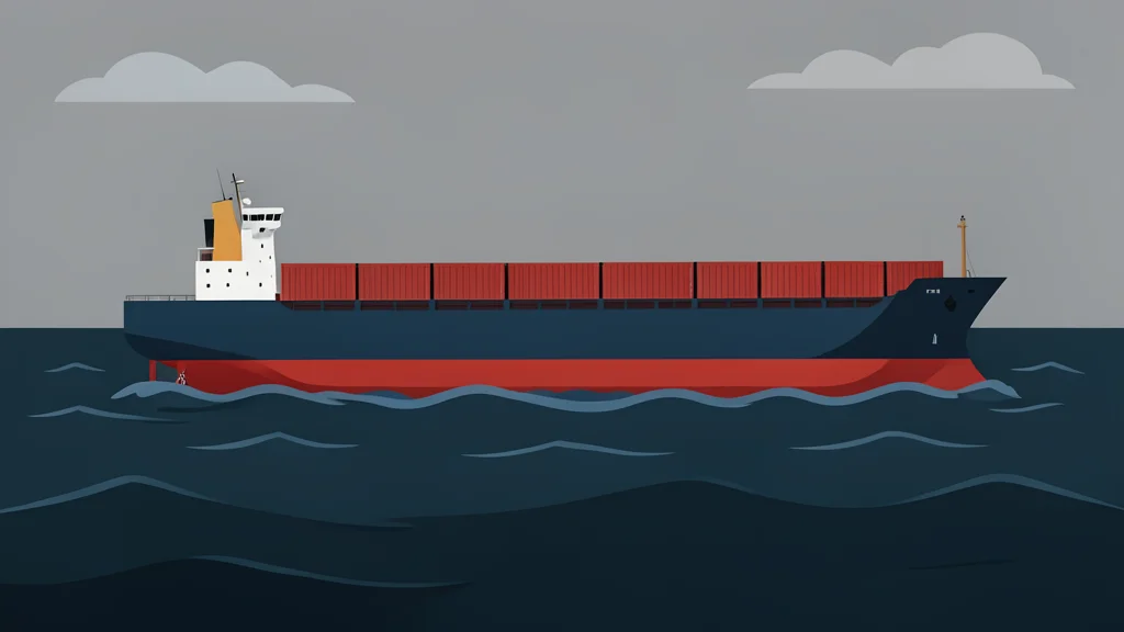 A cargo ship hull floating on dark, choppy water under a grey sky