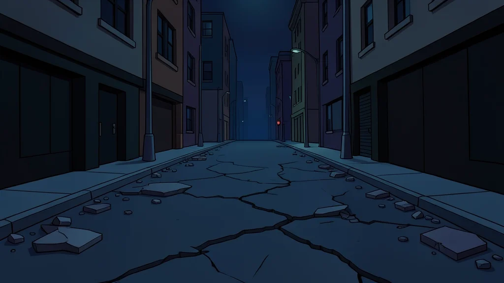 A dimly lit urban street at night with broken pavement and scattered debris