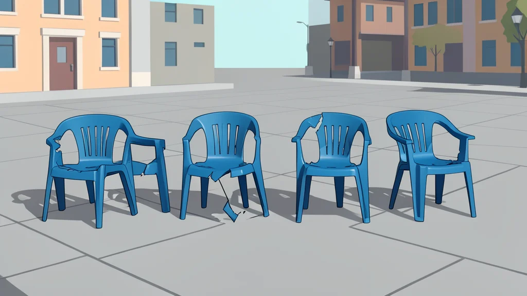 A row of broken plastic chairs in an empty public square