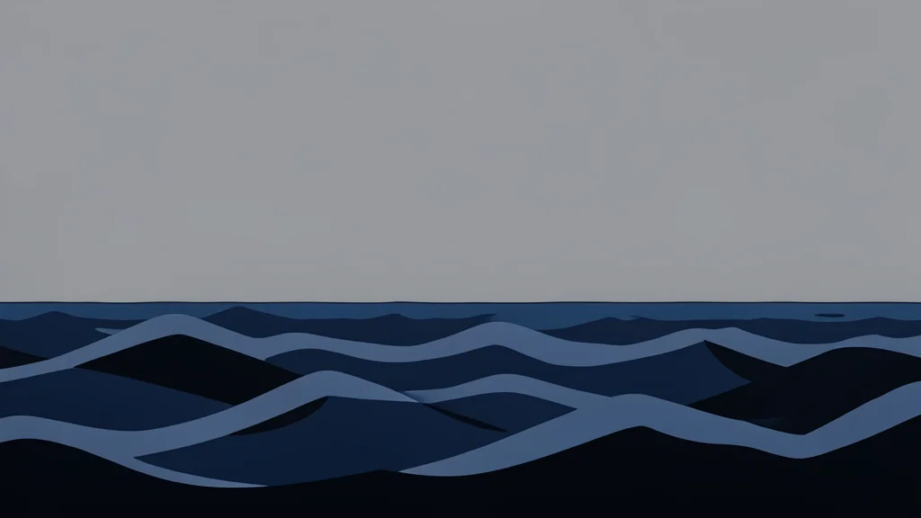 A rough, open-sea horizon with dark, churning waves under a grey sky