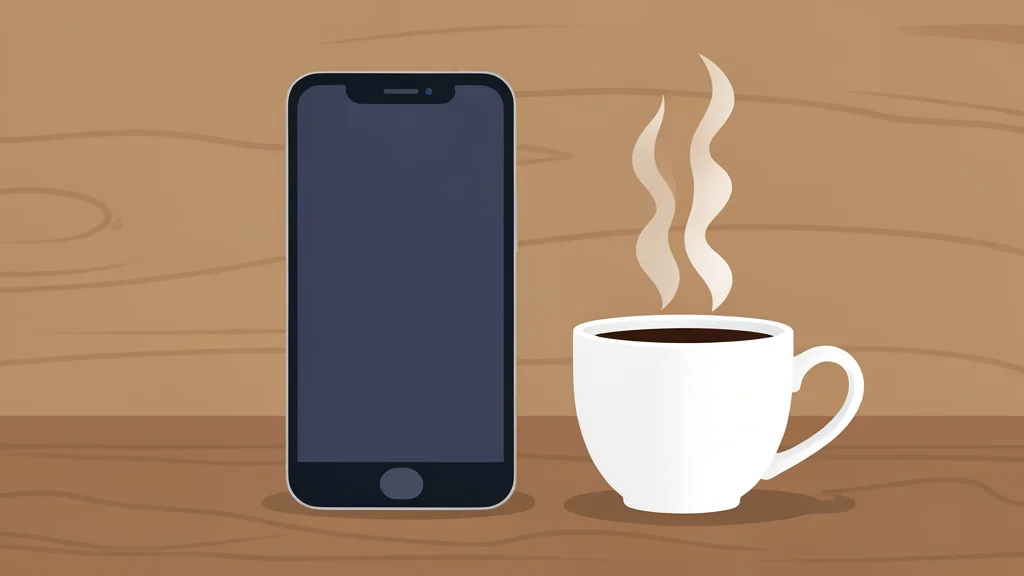 A sleek smartphone resting on a wooden desk beside a coffee cup