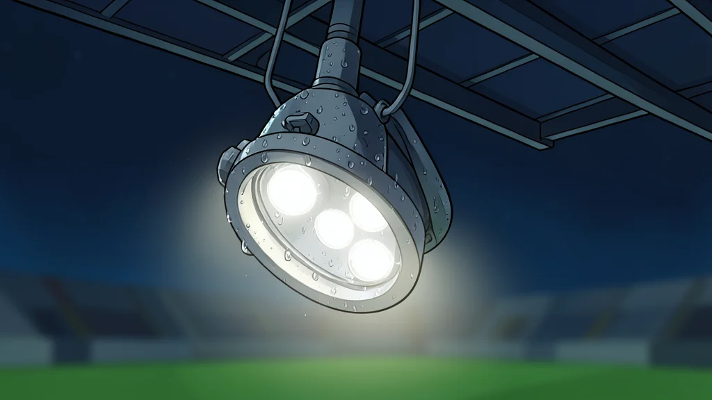 A modern football stadium with green turf and white yard lines under bright floodlights